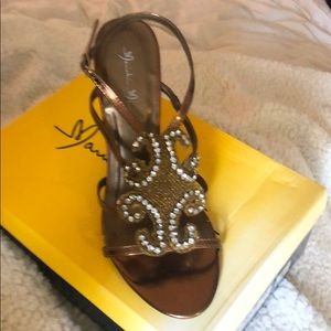 Bronze, Rhinestone, & Beaded sandal with 3.5” heel